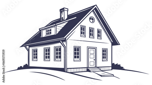 A charming two story detached house with a prominent pitched roof chimney and multiple windows set against a clean white background on a gentle grassy slope