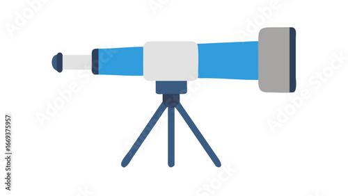 A simple flat design illustration of a blue and white telescope mounted on a blue tripod against a black background representing the vastness of space