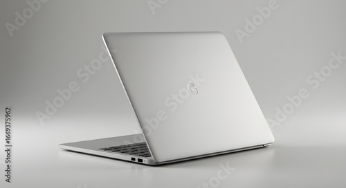 A silver laptop with the Google logo on its closed lid sits at a slight angle on a light gray surface