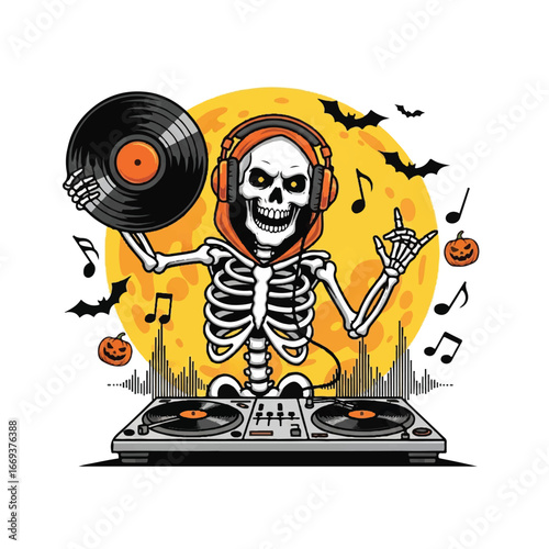A festive skeleton DJ wearing headphones and an orange hoodie, spinning records under a full moon with bats and pumpkins.