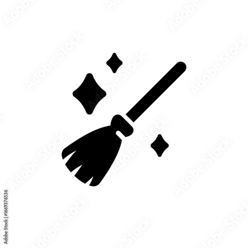 A simple black broom icon, sparkling clean, signifying tidiness and purity.