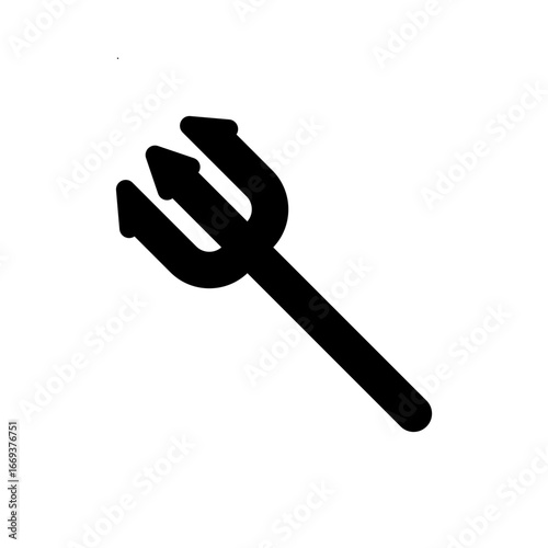 A simple, black trident icon, diagonally oriented on a white background.