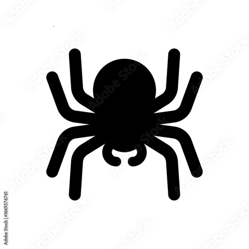 A black silhouette of a spider with eight legs, viewed from above, against a white background.