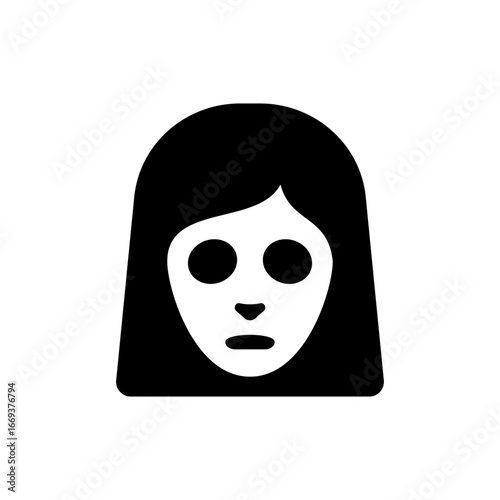 Black and white silhouette icon of a creepy female ghost face with hollow eyes and expressionless mouth, resembling a horror mask or haunted spirit