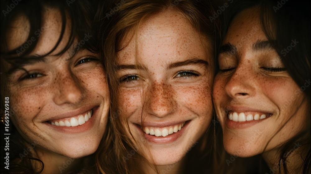 Three beautiful freckled young women smile brightly with joy and friendship in an intimate close up portrait. Three beautiful freckled young women smile brightly with joy and friendship in an intimate close up portrait.