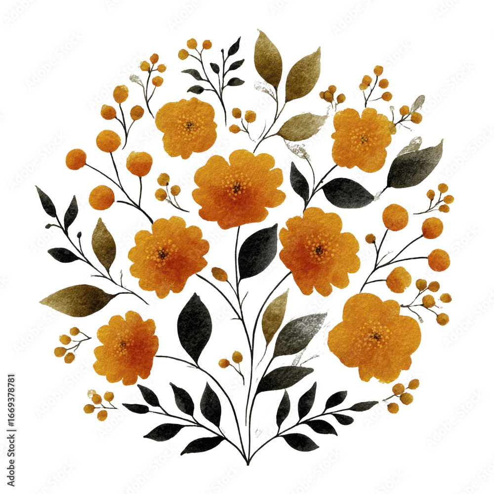 Obraz premium Watercolor arrangement of golden yellow flowers with dark leaves and berries