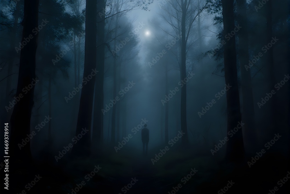 Fototapeta premium Dark forest, foggy, solitary figure, night, moonlight