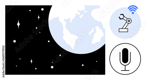 Earth in space with stars, robotic arm for automation, microphone for voice recognition, and wireless signal. Ideal for AI development, tech innovation, communication, automation, IoT space