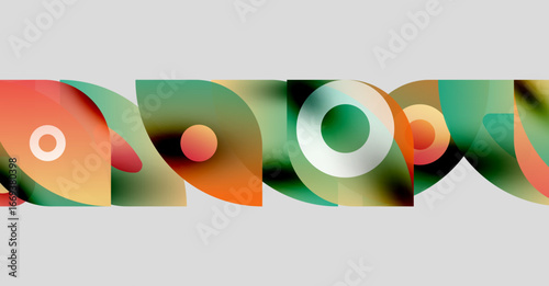 Abstract shapes overlap, creating colorful patterns. Gradient hues blend, forming fluid designs. Minimalist composition, modern aesthetic.