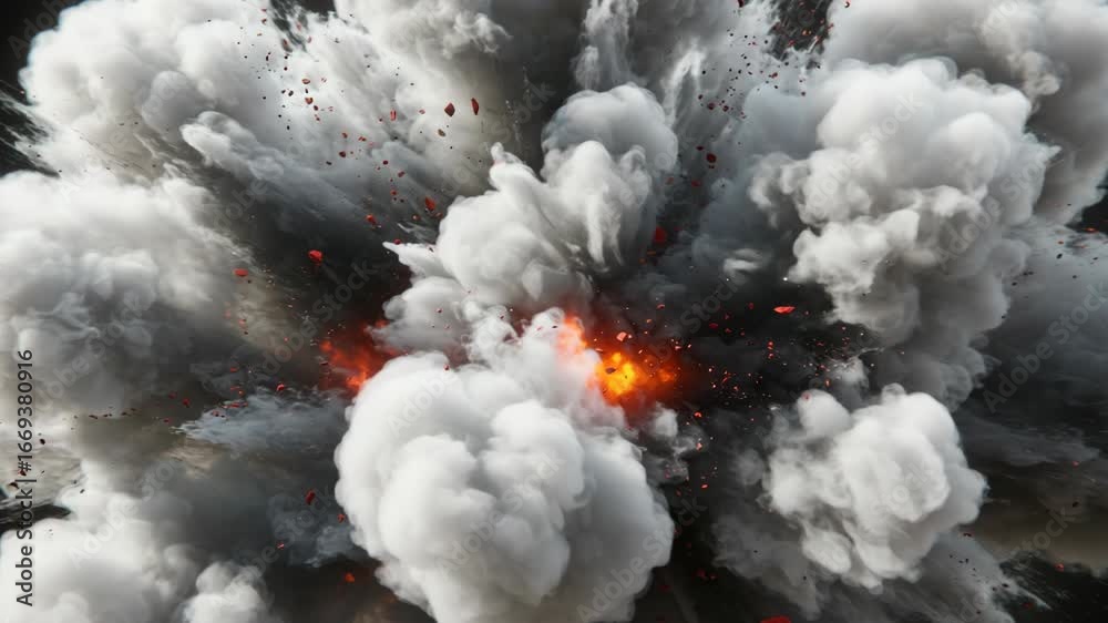 A powerful and violent explosion with intense flames, smoke, and debris erupting against a dark background, symbolizing immense energy release