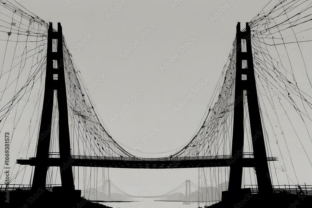 Fototapeta premium Black and white photograph of a large suspension bridge with steel cables and tall towers in architectural perspective