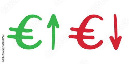 Hand drawn euro currency symbol Growth and fall profit with arrow up and down Brush stroke doodle Element for design