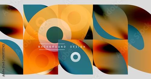 Abstract geometric shapes, vibrant colors, modern design. Overlapping circles, squares create dynamic composition. Smooth gradients, clean lines.