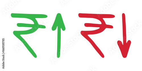 Hand drawn rupee currency symbol Growth and fall profit with arrow up and down Brush stroke doodle Element for design