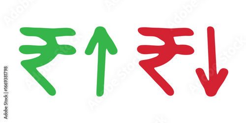 Hand drawn rupee currency symbol Growth and fall profit with arrow up and down Brush stroke doodle Element for design