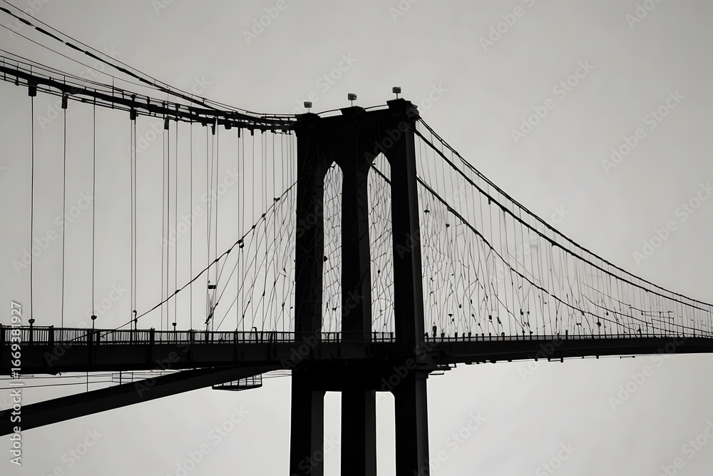 Fototapeta premium Monochrome artistic photo of suspension bridge with steel cables spanning across water with city backdrop