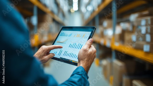 Wallpaper Mural Person using a tablet to analyze data charts and graphs in a warehouse filled with shelves and boxes Torontodigital.ca