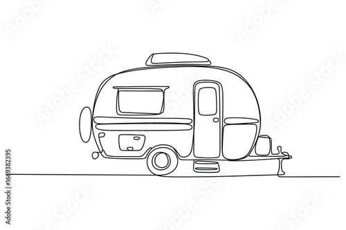Whimsical hand drawn sketch of a retro camper trailer with a spare tire and steps on a white background