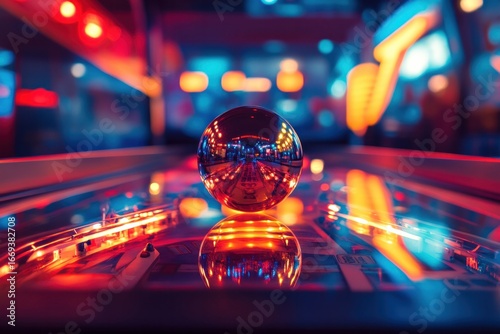 A classic pinball machine glowing under arcade lights, metallic ball in motion, clean and professional composition, copy space, natural color, minimalism, stock photography