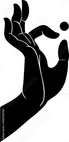 A graceful black vector illustration of a hand performing a Buddhist mudra. The gesture, with a small sphere, symbolizes enlightenment, meditation, and spiritual knowledge, perfect for theme