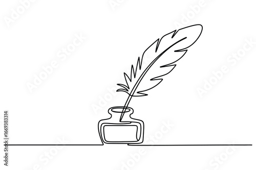 Elegant single line drawing of a quill pen standing in an inkwell on a white background