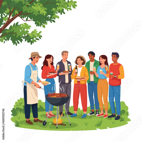 vector of friends barbecue party in nature with characters eating food and drinking together, happy and fun vibes
