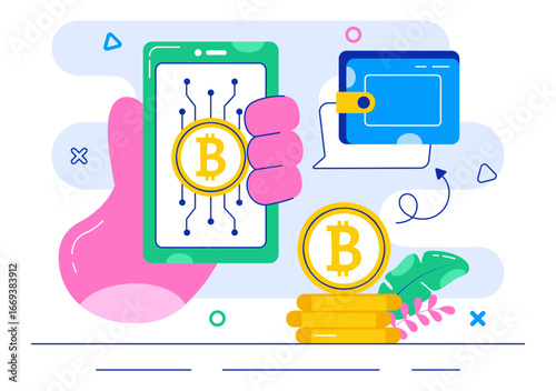Cryptocurrency Wallets Trading Illustration featuring a Pile of Coins, Digital Currency Wallet, Blockchain Technology, and Bitcoin in a Background