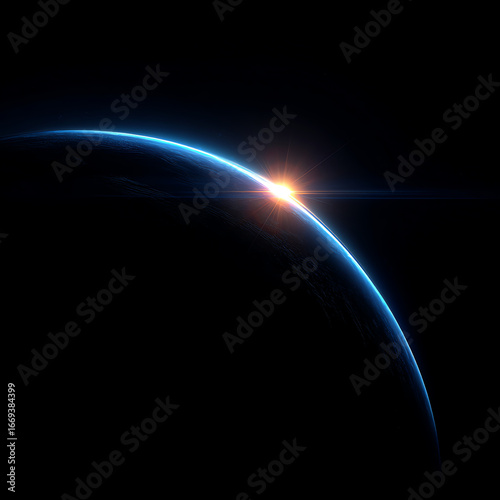Sunrise over the Earth’s horizon in space, showing the planet's blue atmosphere and the glowing sun emerging from the dark side against a black cosmic background