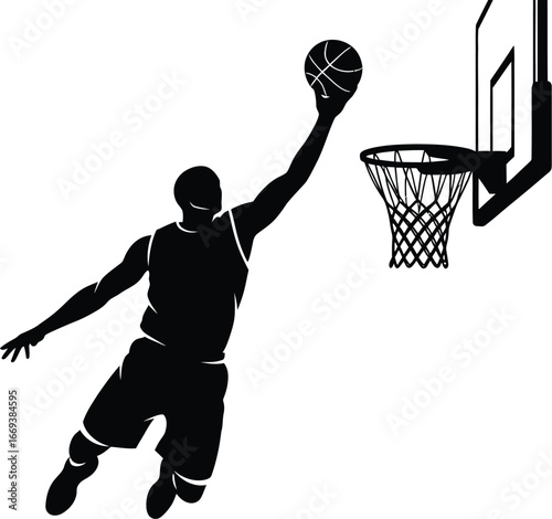 Dynamic basketball player silhouette soaring for a slam dunk with energy