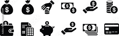 Flat vector illustration, finance icons, money bag, coin stack, hand holding coin, wallet graphic, piggy bank, savings concept, credit card, budgeting design