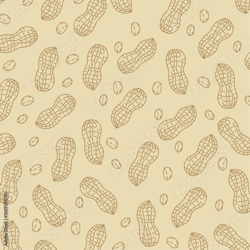 Hand drawn outline seamless pattern with peanuts. Vector doodle peanut design in line art style, perfect for wallpaper, textile, fabric, packaging, background, and organic food illustrations