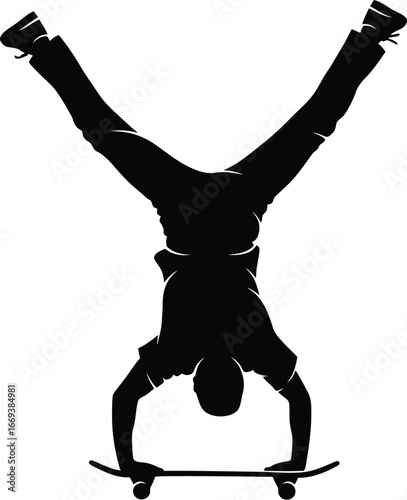 Dynamic skater performing a handstand on skateboard graphic element