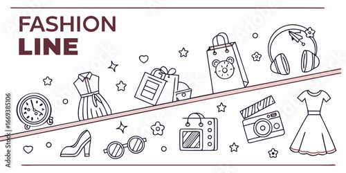 Fashion line icons set, shopping and beauty elements