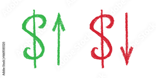 Hand drawn dollar currency symbol Growth and fall profit with arrow up and down Brush stroke doodle Element for design