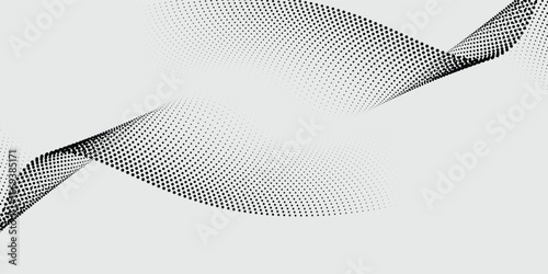 Flowing dots particles wave pattern 3D curve halftone black gradient curve shape isolated on white background. Vector in concept of technology, science, music best seller background