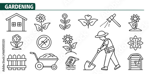 Gardening tools and plants icon set