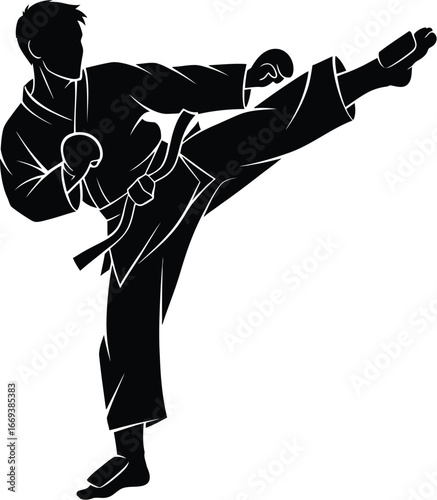 Powerful karate athlete kicking high with strength and focus in silhouette
