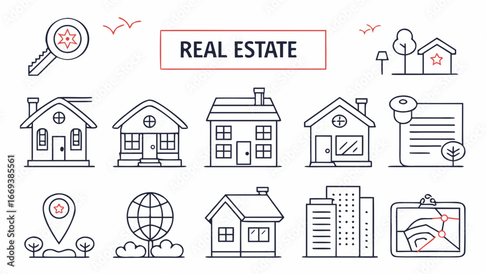 Fototapeta premium Real estate vector illustration with houses, keys, maps, and location pins