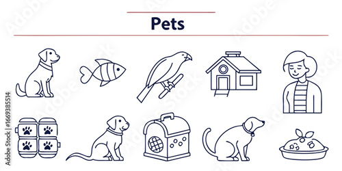 Line art showing pets and pet supplies