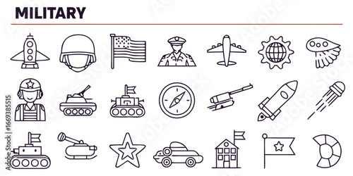 Military icons set in trendy linear style