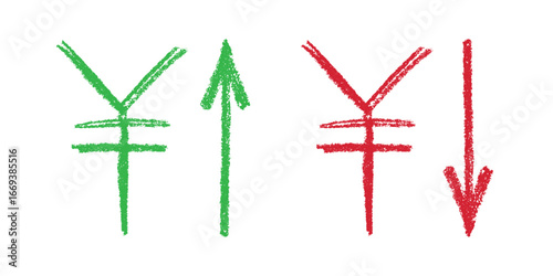 Hand drawn yen currency symbol Growth and fall profit with arrow up and down Brush stroke doodle Element for design