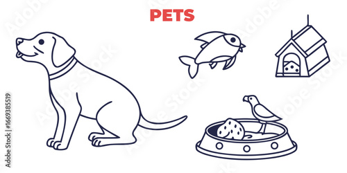 Illustration of pets including a dog, fish, bird, and dog house