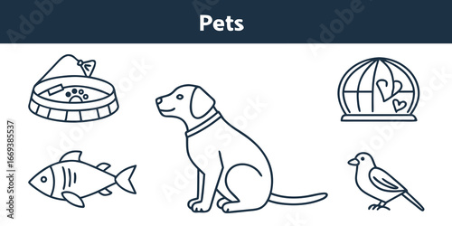 Line art showing pets and pet supplies