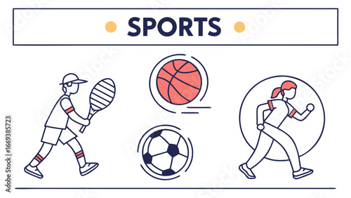 Sports icons set with tennis, basketball, soccer, and running