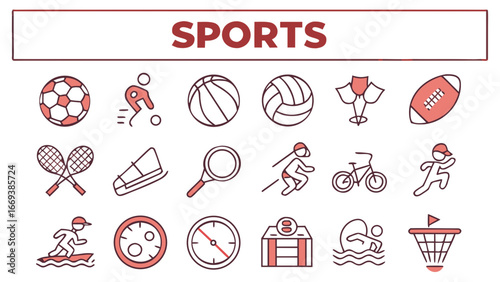 Sports icons set featuring various activities and equipment