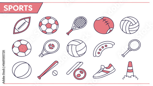 Collection of sports equipment icons with various balls and gear