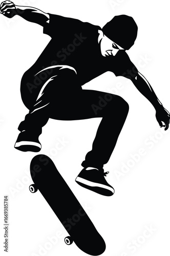 Dynamic skateboarder performing mid-air trick in silhouette illustration