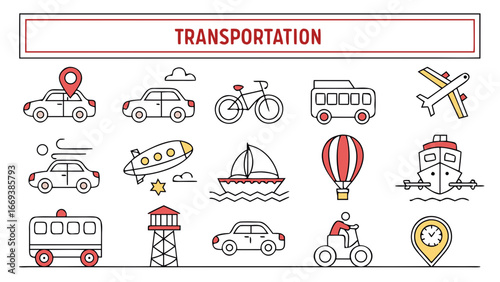 Transportation icons with car, bicycle, bus, plane and other vehicles