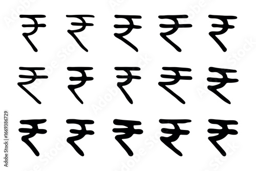 Set of hand drawn rupee currency symbol. Brush stroke doodle. Single element for design