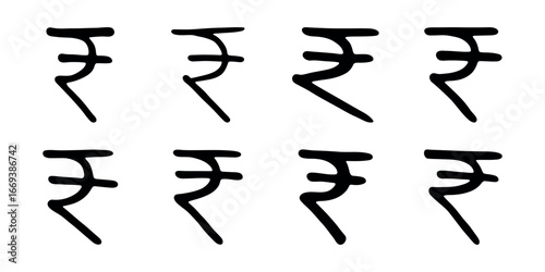 Set of hand drawn rupee currency symbol. Brush stroke doodle. Single element for design
